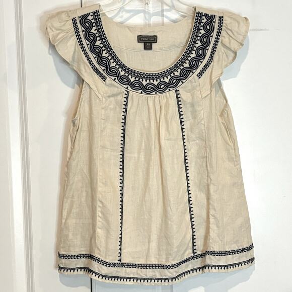 Point Sur Embroidered Linen Ruffle Flutter Sleeveless Top Tan Cream Navy XS - Picture 1 of 8